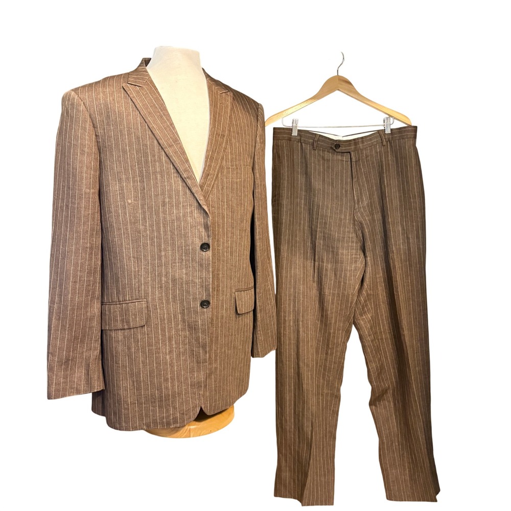 John W Nordstrom Brown Pinstripe Linen Suit 44R W38 F.lli Ormezzano Italy Fabric